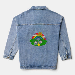Cartoon Landschaft mit Regenbogen und Landhaus Jeansjacke