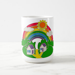Cartoon Landschaft mit Regenbogen und Landhaus Kaffeetasse