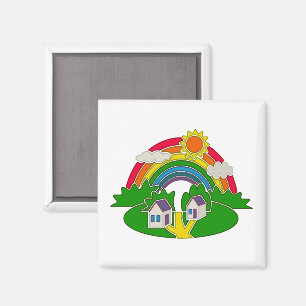 Cartoon Landschaft mit Regenbogen und Landhaus Magnet