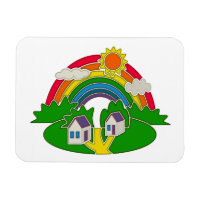 Cartoon Landschaft mit Regenbogen und Landhaus
