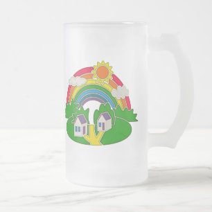 Cartoon Landschaft mit Regenbogen und Landhaus Mattglas Bierglas
