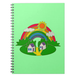 Cartoon Landschaft mit Regenbogen und Landhaus Notizblock
