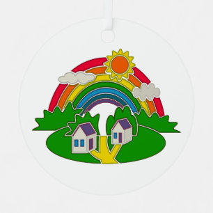Cartoon Landschaft mit Regenbogen und Landhaus Ornament Aus Metall