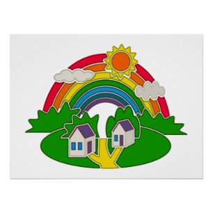 Cartoon Landschaft mit Regenbogen und Landhaus Poster