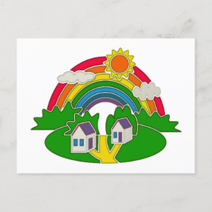 Cartoon Landschaft mit Regenbogen und Landhaus Postkarte