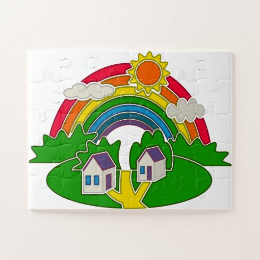 Cartoon Landschaft mit Regenbogen und Landhaus Puzzle (Horizontal)