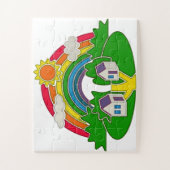 Cartoon Landschaft mit Regenbogen und Landhaus Puzzle (Vertikal)