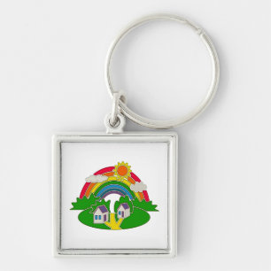 Cartoon Landschaft mit Regenbogen und Landhaus Schlüsselanhänger