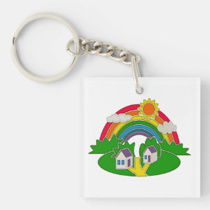 Cartoon Landschaft mit Regenbogen und Landhaus Schlüsselanhänger