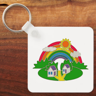 Cartoon Landschaft mit Regenbogen und Landhaus Schlüsselanhänger