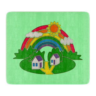 Cartoon Landschaft mit Regenbogen und Landhaus Schneidebrett