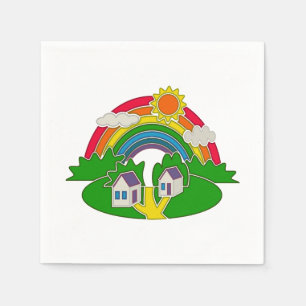 Cartoon Landschaft mit Regenbogen und Landhaus Serviette