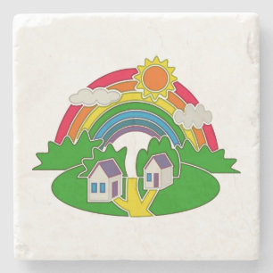 Cartoon Landschaft mit Regenbogen und Landhaus Steinuntersetzer