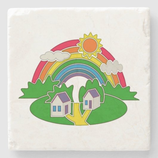 Cartoon Landschaft mit Regenbogen und Landhaus Steinuntersetzer (Vorderseite)