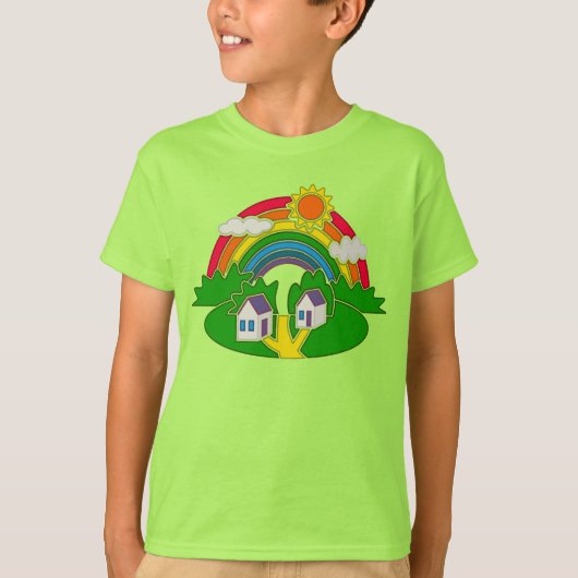 Cartoon Landschaft mit Regenbogen und Landhaus T-Shirt (Vorderseite)