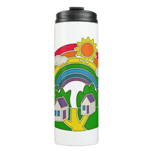 Cartoon Landschaft mit Regenbogen und Landhaus Thermosbecher