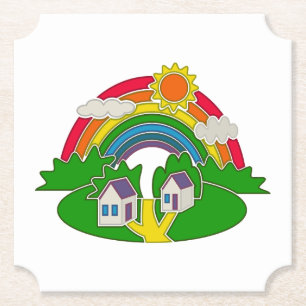 Cartoon Landschaft mit Regenbogen und Landhaus Untersetzer