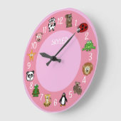 Cartoon-Lebewesen mit Namensschablonen-Rosa Große Wanduhr (Winkel)