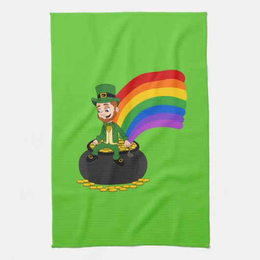 Cartoon leprechaun auf einem Topf aus Gold Geschirrtuch (Vertikal)