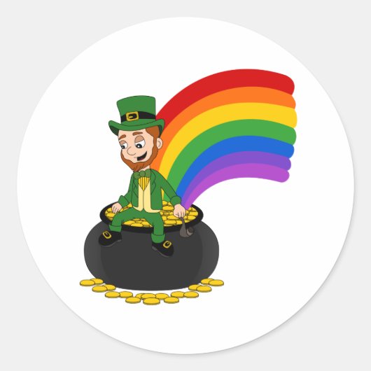 Cartoon leprechaun auf einem Topf aus Gold Runder Aufkleber (Vorderseite)