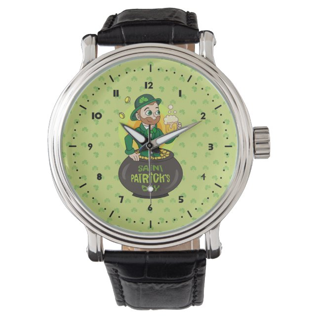 Cartoon leprechaun in einem Topf mit einem Pint Armbanduhr (Vorderseite)