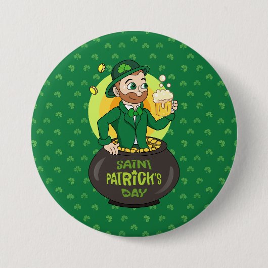 Cartoon leprechaun in einem Topf mit einem Pint Button (Vorderseite)