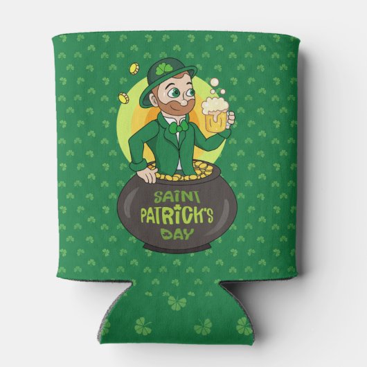 Cartoon leprechaun in einem Topf mit einem Pint Dosenkühler (Rückseite)