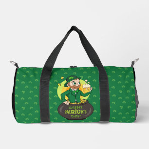 Cartoon leprechaun in einem Topf mit einem Pint Duffle Bag