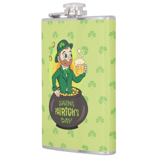 Cartoon leprechaun in einem Topf mit einem Pint Flachmann (Links)