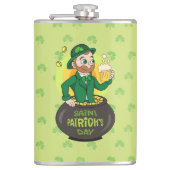 Cartoon leprechaun in einem Topf mit einem Pint Flachmann (Vorderseite)