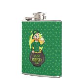 Cartoon leprechaun in einem Topf mit einem Pint Flachmann (Links)