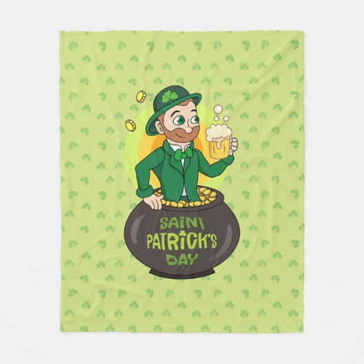 Cartoon leprechaun in einem Topf mit einem Pint Fleecedecke (Vorderseite)