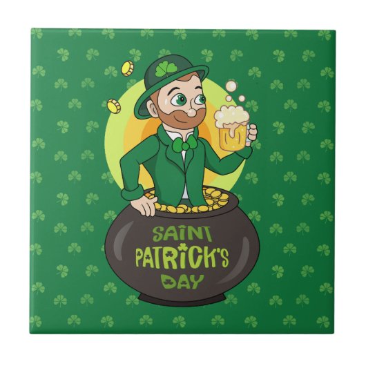 Cartoon leprechaun in einem Topf mit einem Pint Fliese (Vorderseite)