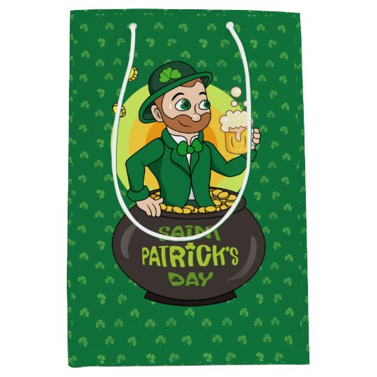 Cartoon leprechaun in einem Topf mit einem Pint Mittlere Geschenktüte (Vorderseite)