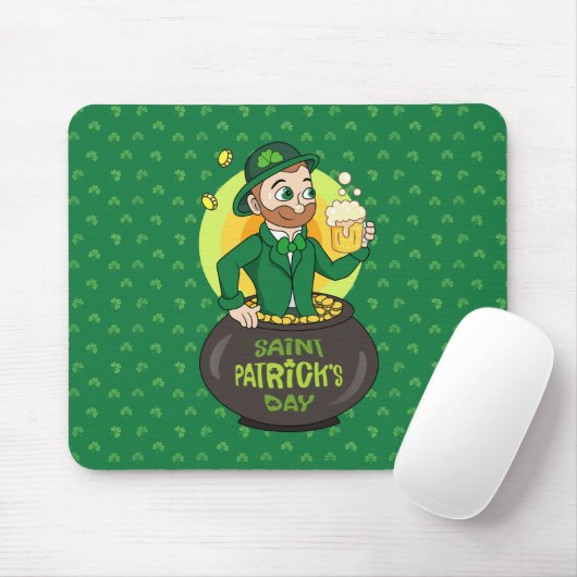 Cartoon leprechaun in einem Topf mit einem Pint Mousepad (Mit Mouse)