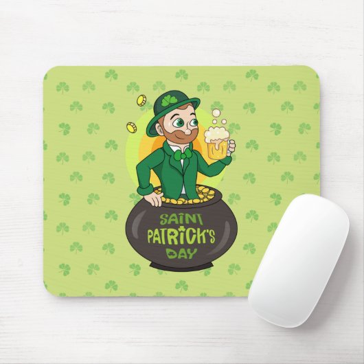 Cartoon leprechaun in einem Topf mit einem Pint Mousepad (Mit Mouse)