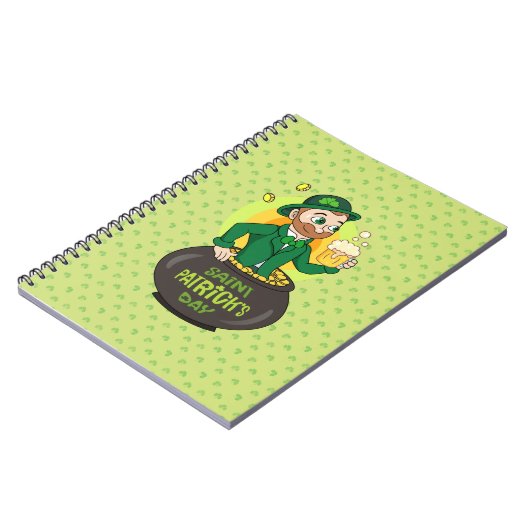 Cartoon leprechaun in einem Topf mit einem Pint Notizblock (Linke Seite)