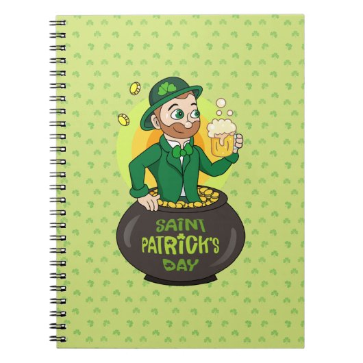 Cartoon leprechaun in einem Topf mit einem Pint Notizblock (Vorderseite)