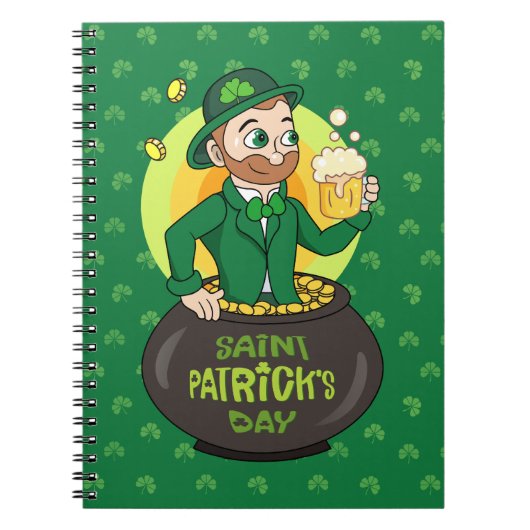 Cartoon leprechaun in einem Topf mit einem Pint Notizblock (Vorderseite)