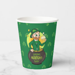 Cartoon leprechaun in einem Topf mit einem Pint Pappbecher