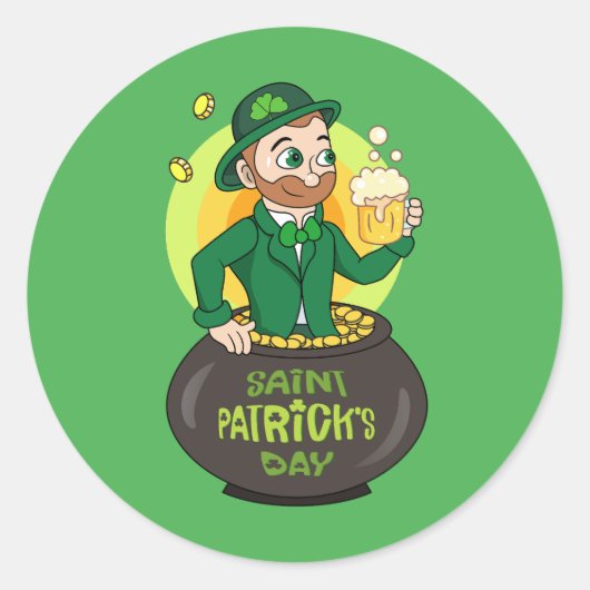 Cartoon leprechaun in einem Topf mit einem Pint Runder Aufkleber (Vorderseite)