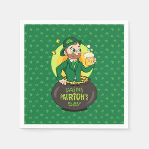 Cartoon leprechaun in einem Topf mit einem Pint Serviette