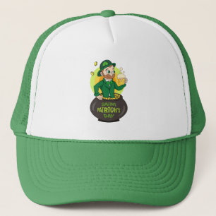 Cartoon leprechaun in einem Topf mit einem Pint Truckerkappe
