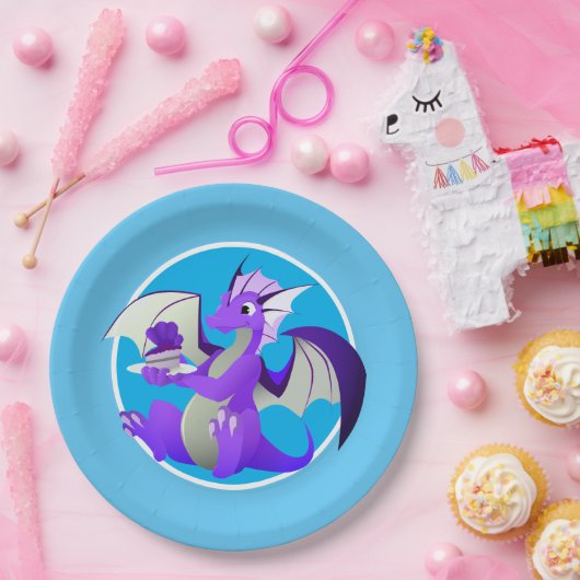 Cartoon Lila Dragon mit Cake Blue Paper Teller (Party)