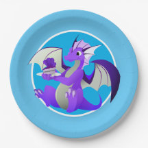 Cartoon Lila Dragon mit Cake Blue Paper Teller