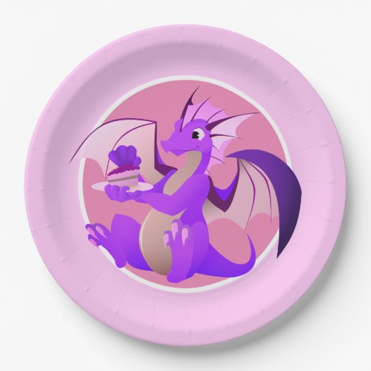 Cartoon Lila Dragon mit Cake Pink Paper Teller (Vorderseite)