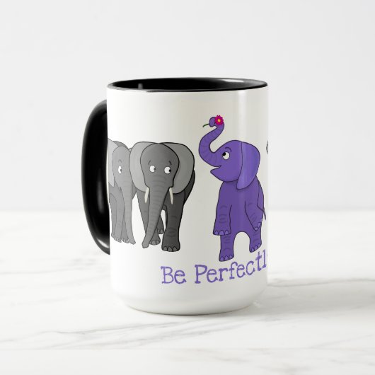 Cartoon Lila Elefant "Sei perfekt du" Tasse (Vorderseite Links)