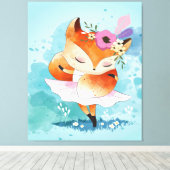 Cartoon Little Fox | Love Fox Floral Leinwanddruck (Insitu (Holzboden))