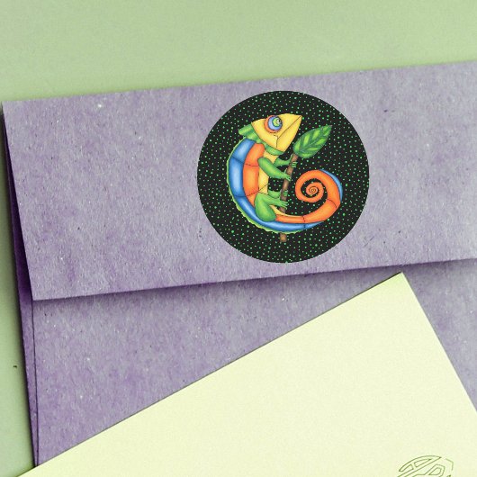 Cartoon Lizard Holding Leaf Vibranntfarben Dots Runder Aufkleber