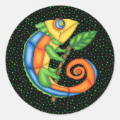Cartoon Lizard Holding Leaf Vibranntfarben Dots Runder Aufkleber (Vorderseite)